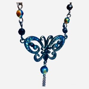 Butterfly Necklace Black Rhinestones very Pretty Heavy Coated Chain